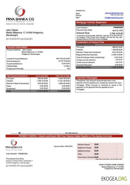 Monténégro Prva banka Crne Gore relevé hypothécaire Modèle Word et PDF